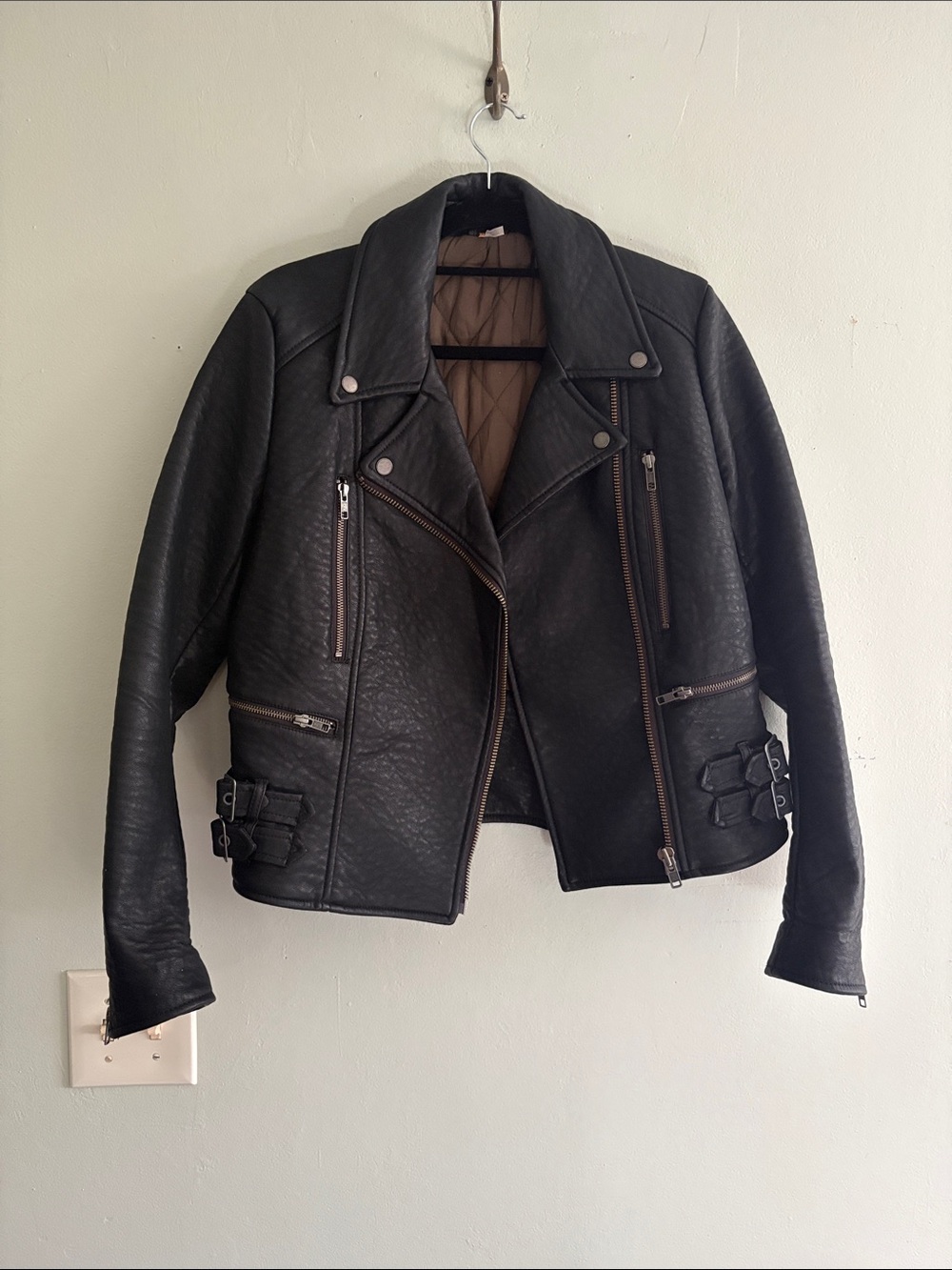 Free People Black Quilted-Lined Moto Leather Jacket